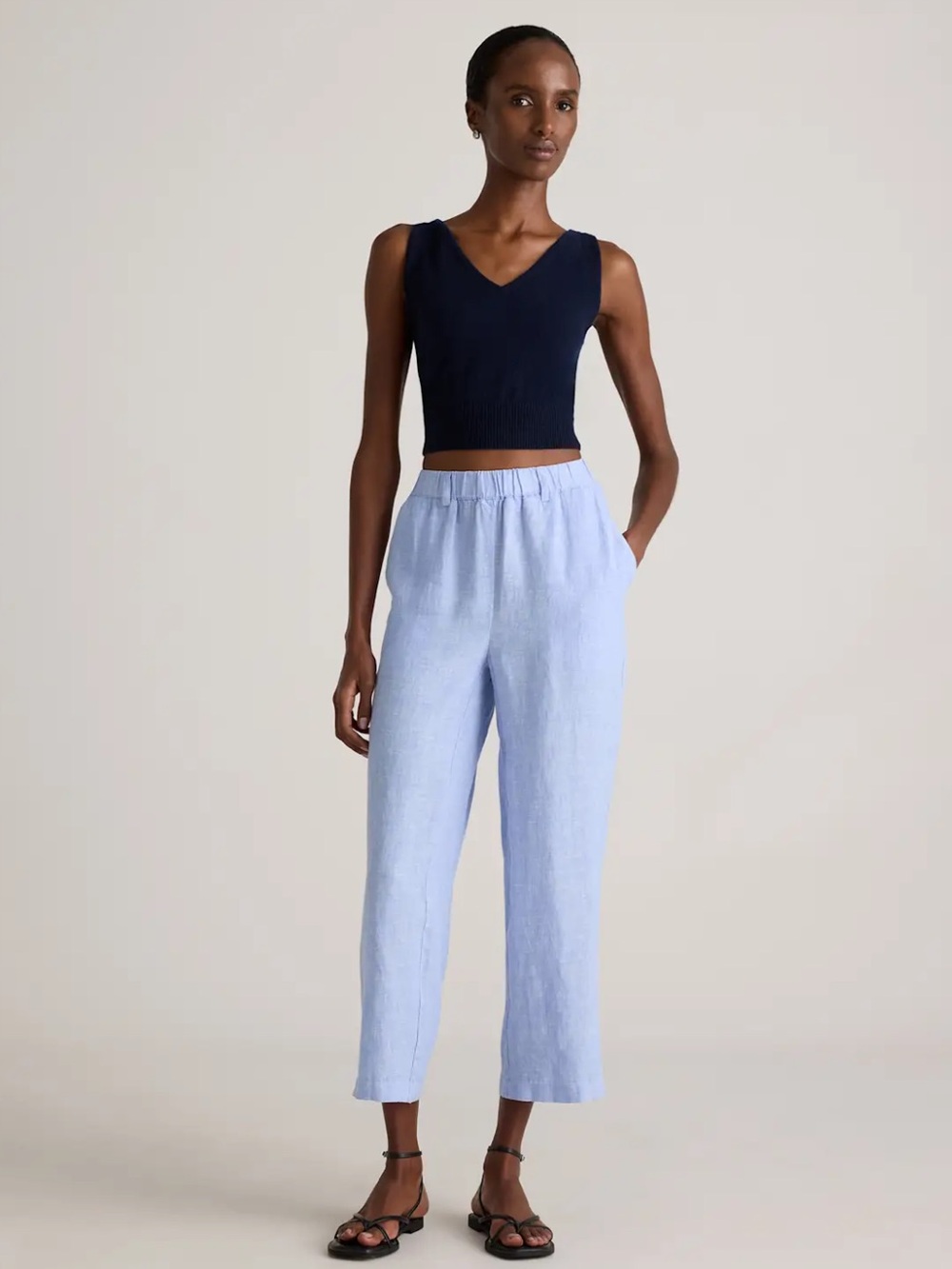 Quince Light Blue Cropped Elastic-Waist Linen Pants